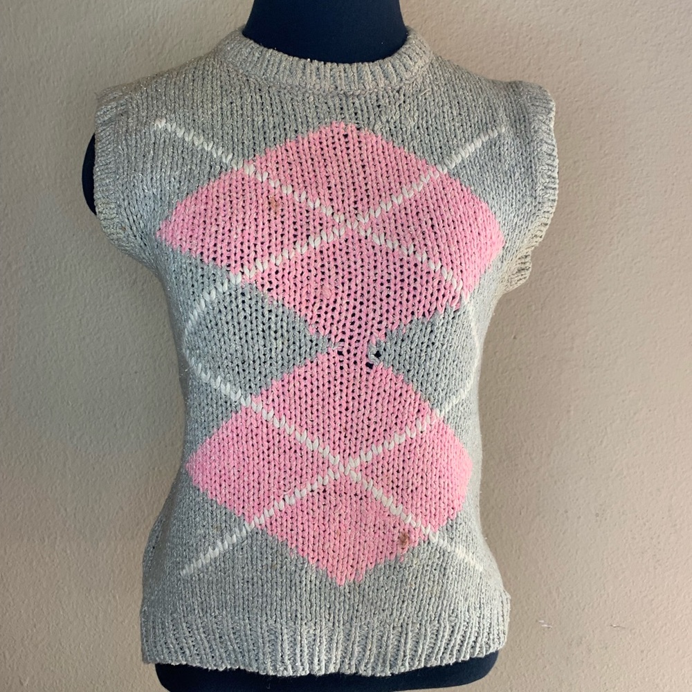 Silk blend Sweater Vest Vintage 1980s Argyle Pink Green Tan Crewneck Style